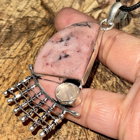 Pink Peruvian Opal & Clear Rose Quartz Pendant 2 7/8” - Picture 5 of 13